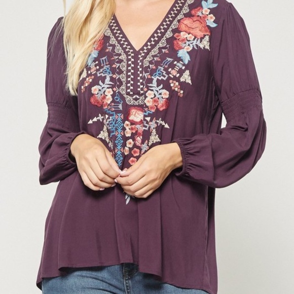 Custom Embroidered Woven Top In Eggplant: 1XL-3XL - Picture 5 of 7